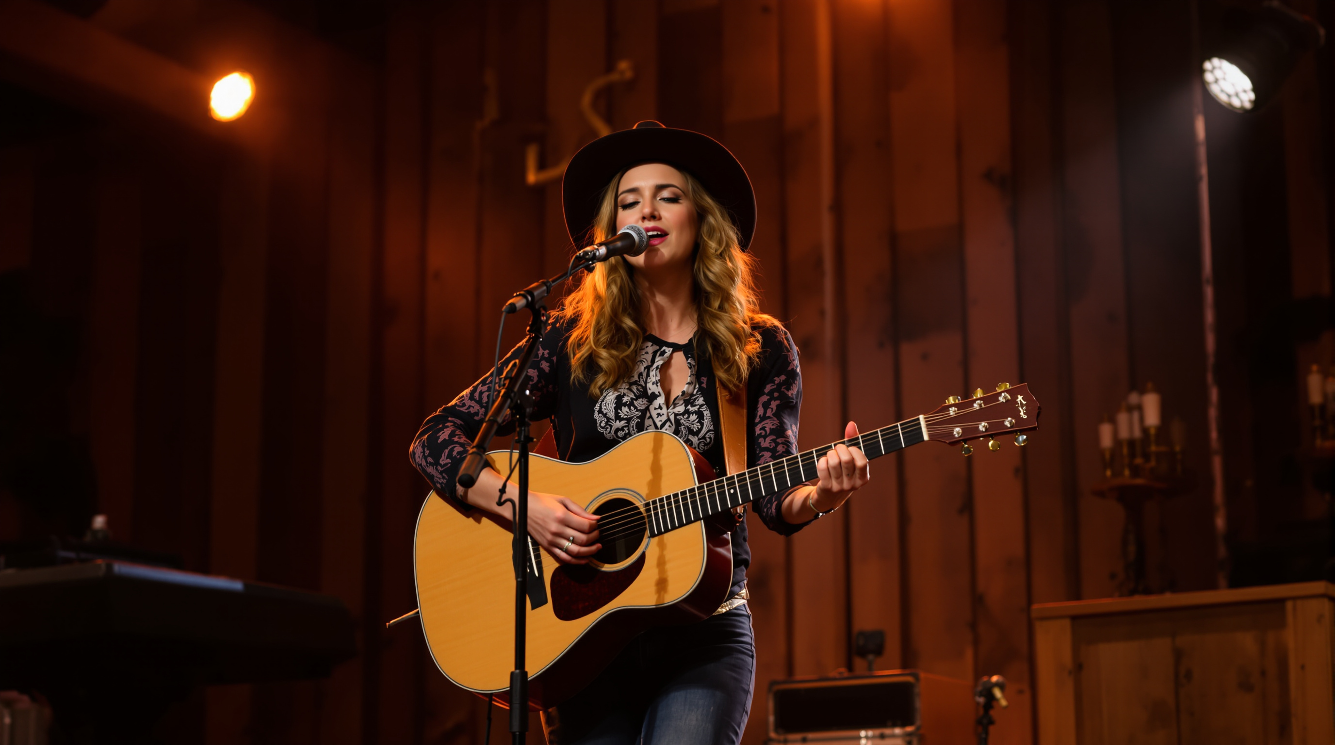 Country singer performing on stage with acoustic guitar