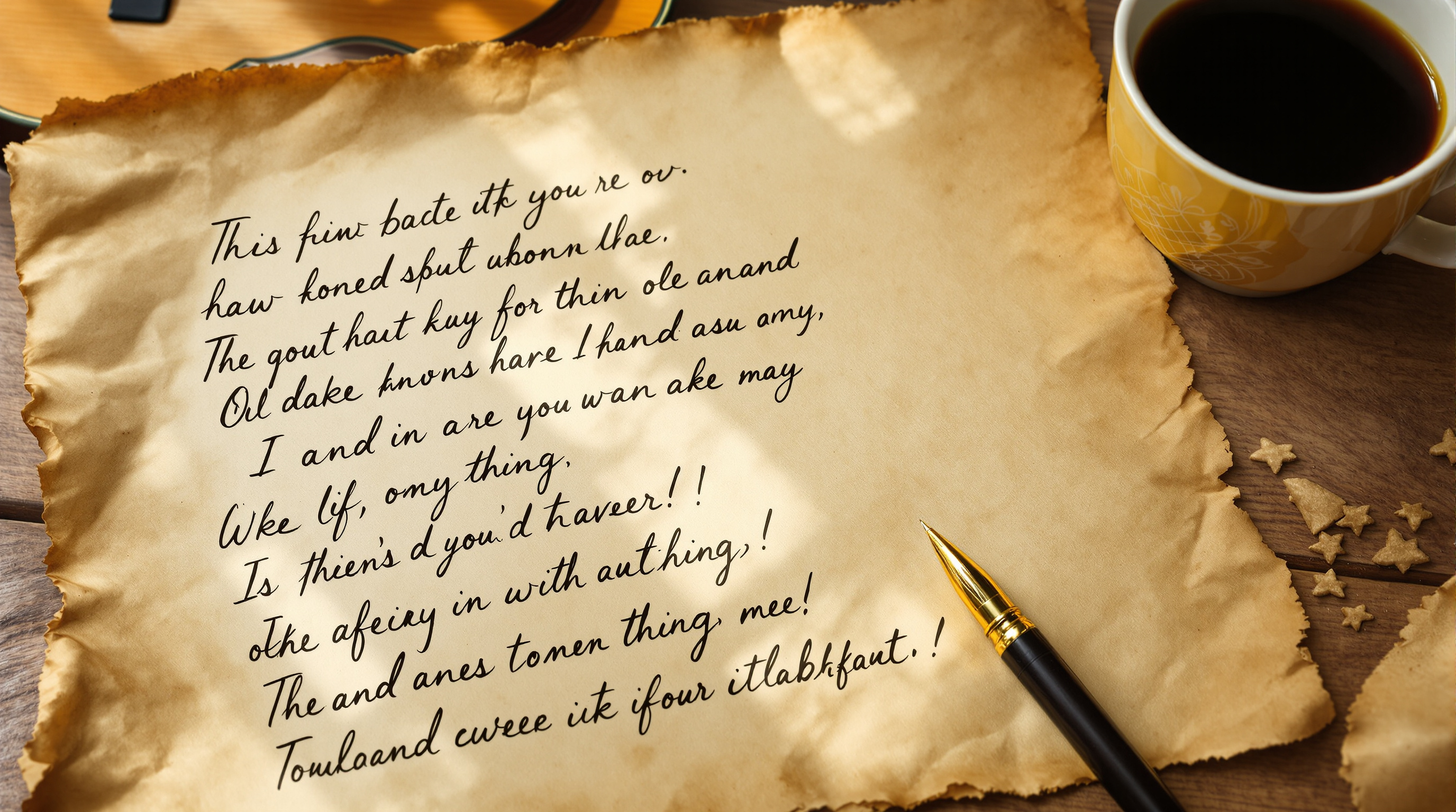 Handwritten song lyrics with acoustic guitar